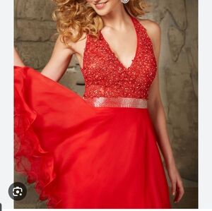 Size 10 red illusion lace with chiffon flare circle skirt homecoming/cocktail dr
